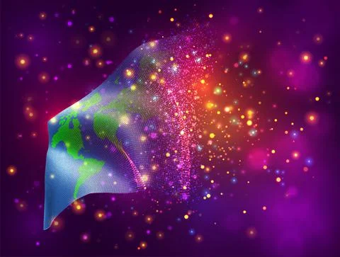 Planet Earth vector 3d flag on pink purple background with lighting and flare イラスト素材
