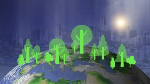Planet earth with virtual tree icons. Net zero greenhouse gas emissions target. 스톡 동영상 242103076