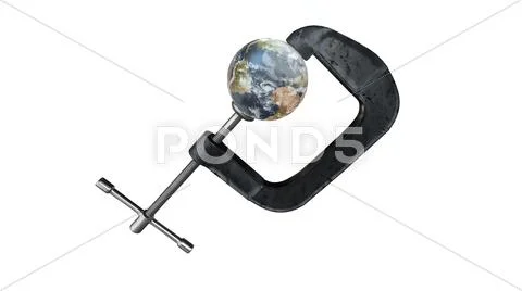 Planet Earth in a vise isolated on white - 3D render Stock Illustration