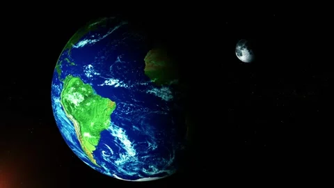 Planet earth with visible continents and moon floating in dark outer space Stock Footage 340382863