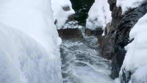 Planet Earth Winter Environment Looking Down Snowy Canyon Waterfall Stock Footage 304967819