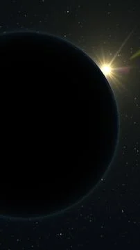 Planet eclipse with sunrise rays over a starfield in deep space, cinematic .. Illustrazione stock