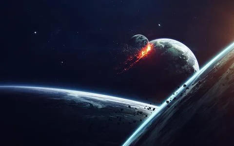 Planet Explosion. Apocalypse. End of The Time. Science fiction art. Beauty of Stock Photos