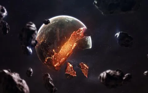 Planet explosion. Apocalypse in space, destroying cosmic object. Elements of Stock Illustration