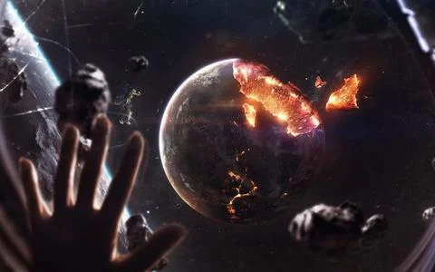 Planet explosion. Apocalypse in space, destroying cosmic object. Elements of 스톡 일러스트