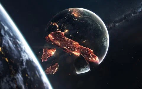 Planet explosion. Apocalypse in space, destroying cosmic object. Elements of 스톡 일러스트