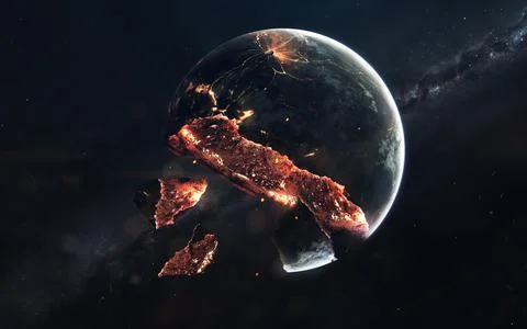 Planet explosion. Apocalypse in space, destroying cosmic object. Elements of Stock Illustration