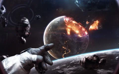 Planet explosion. Apocalypse in space, destroying cosmic object. Elements of Stock Illustration