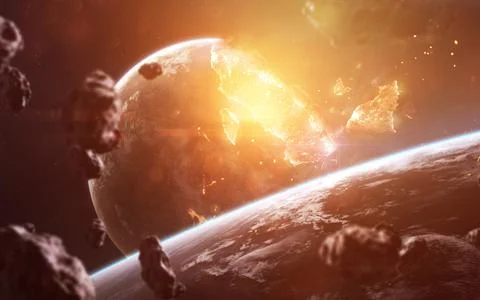 Planet explosion. Apocalypse in space, destroying cosmic object. Elements of 스톡 일러스트