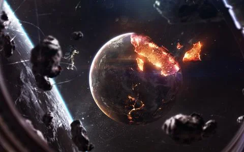 Planet explosion. Apocalypse in space, destroying cosmic object. Elements of 스톡 일러스트