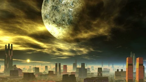 Planet in Flaming Clouds over an Alien City Stock Footage 117267078