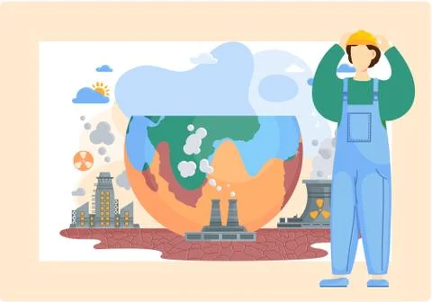 Planet with gray clouds of smoke surrounded by a lifeless land with cracks Stock Illustration