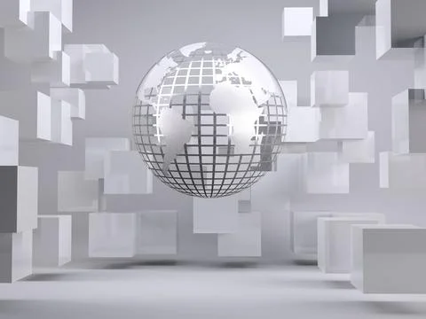 Planet on grey background with cubes Stock Photos