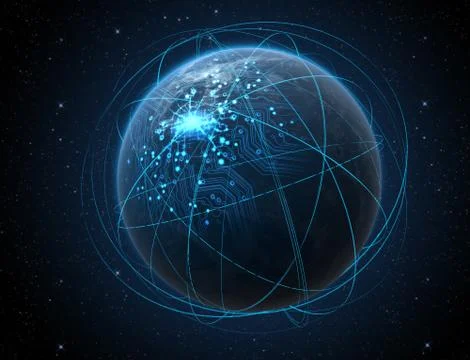 Planet With Illuminated Network And Light Trails Illustrazione stock
