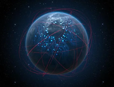 Planet With Illuminated Network And Light Trails Stock Illustration