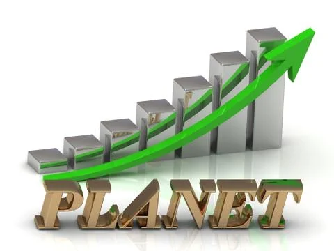 PLANET- inscription of gold letters and Graphic growth and gold arrows on whi Stock Illustration
