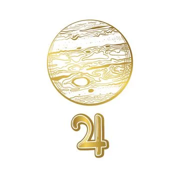 Planet Jupiter, golden linear hand drawing. Vintage boho symbol for astrology Illustrazione stock