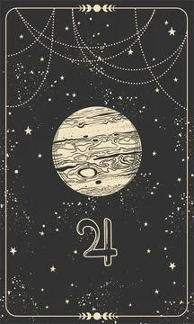 Planet Jupiter, linear hand drawing on a black space card with stars. Symbol  Stock Illustration