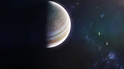 Planet Jupiter with Two Moons Io and Europa. Stock Footage 300381642