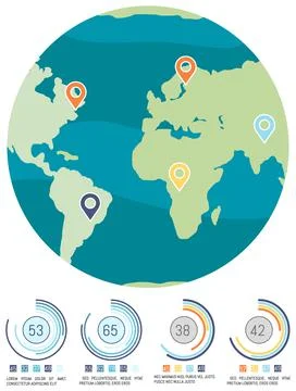 Planet with map marks. Ratio of numbers concept. Level of pollution on Earth Illustrazione stock