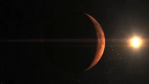 Planet Mars. The camera is approaching Mars. The sun is in the frame. View from 스톡 동영상 97946009