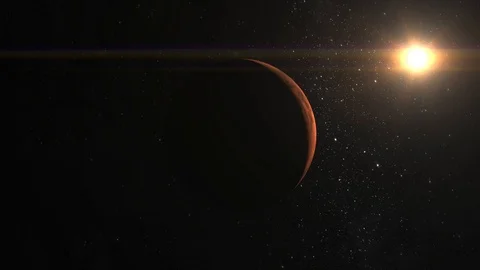 Planet Mars. The camera is approaching Mars. The sun in the frame from the top 스톡 동영상 98212183