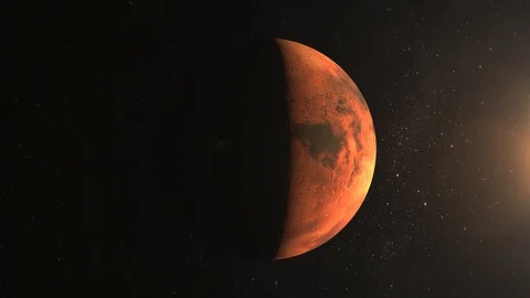 Planet Mars. The camera is approaching Mars. View from space. Stars twinkle. 4K Stock Footage 98212267