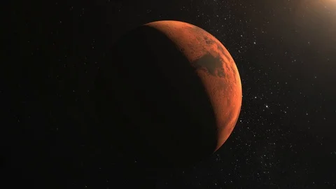 Planet Mars. The camera flies around the Mars. View from space. The planet is Stock Footage 98564686