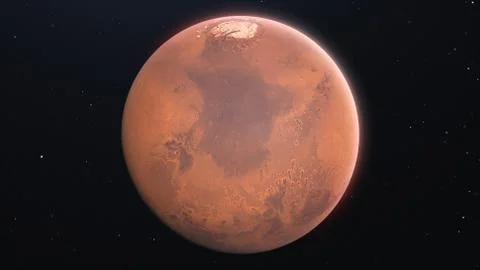 The planet Mars. High resolution red globe in space with stars. 3d render Stock Illustration
