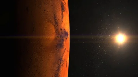 Planet Mars from space. Stars twinkle. Flight over the Mars. 4K. The Mars is on Stock Footage 97464264