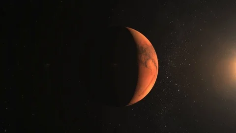 Planet Mars. View from space. Mars rotates slowly. The camera is approaching the Stock Footage 98890616