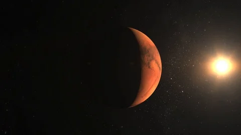 Planet Mars. View from space. Mars rotates slowly. The camera is approaching the Stock Footage 98890681