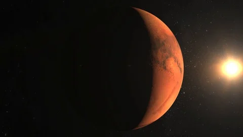 Planet Mars. View from space. Mars rotates slowly. The planet is illuminated by Video stock 99251145