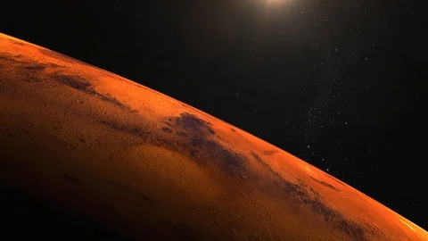 Planet Mars. View from space. Stars twinkle. Flight over the Mars. 4K. Sunrise Stock Footage 97464270