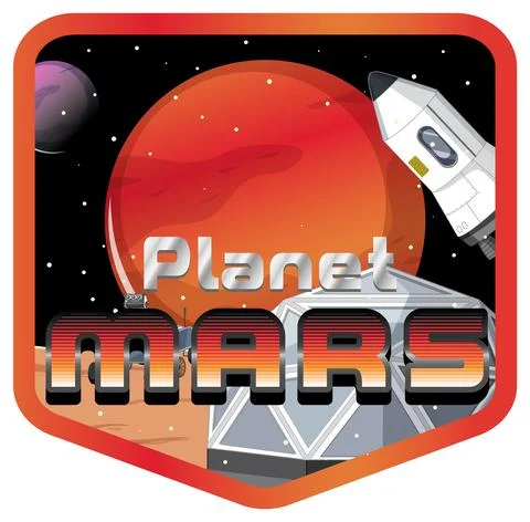 Planet Mars word logo design with space station Stock Illustration