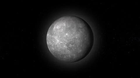 Planet Mercury rotating with topographic shadows and star background Video stock 294333046