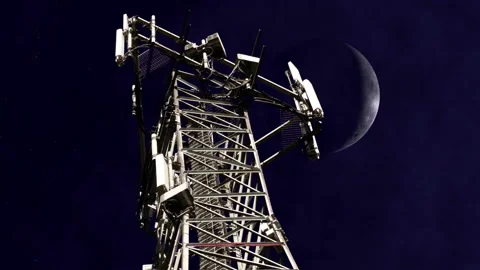 Planet moon at night view from space ship window. Base station antenna mounts Stock Footage 157695570