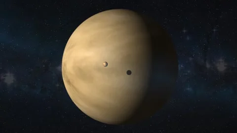 Planet orbiting in deep space with two moons rotating in its galactic orbit Stock Footage 315282944