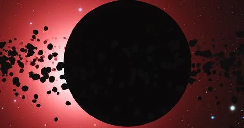 Planet with a ring of large asteroids among the stars. Bright red light of the Stock-Illustration