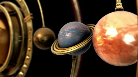 Planet with the rings in a 3d planetary lineup. ALPHA MATTE. Stock Footage 90133979