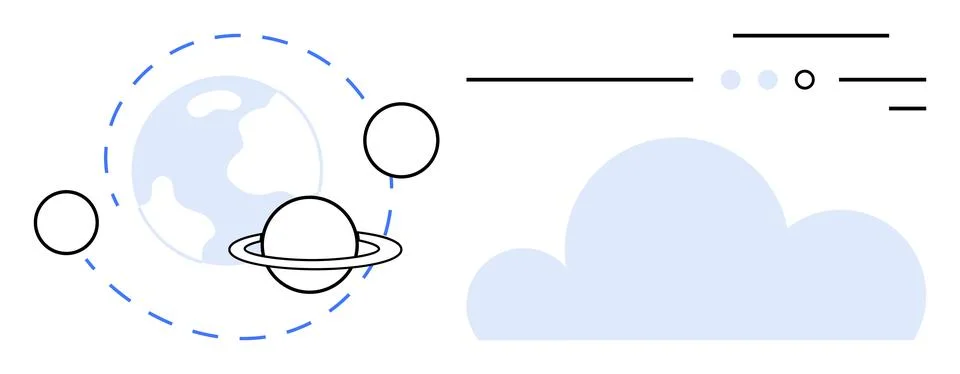 Planet with rings and orbits, cloud, lines and circles. Ideal for technology, Illustrazione stock