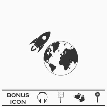 Planet with rocket icon flat Illustrazione stock