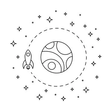 The planet with rocket is surrounded by stars Stock Illustration
