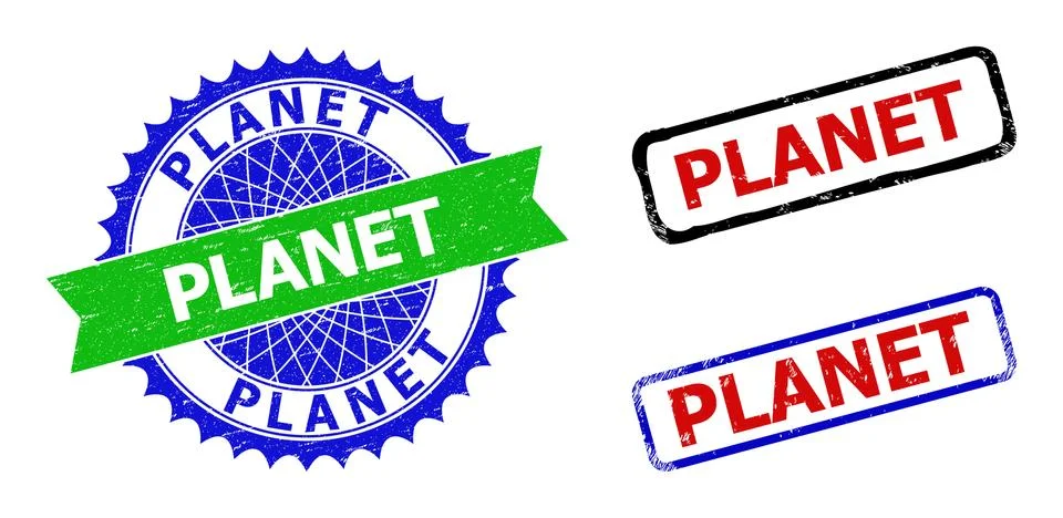 PLANET Rosette and Rectangle Bicolor Badges with Grunged Surfaces Stock Illustration