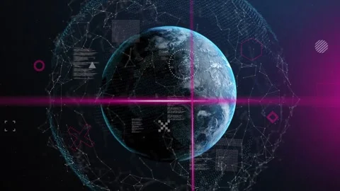 Planet rotating magenta beam appearing right beam aligning into cross HUD Stock Footage 334788448