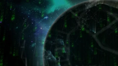 Planet rotating in space, falling green glyphs starting tech data map, city Stock Footage 332284975