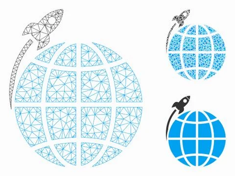 Planet Satellite Launch Vector Mesh Network Model and Triangle Mosaic Icon 스톡 일러스트