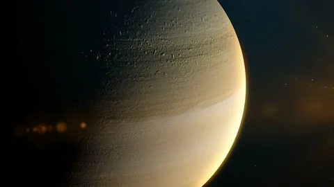 Planet Saturn in the outer space, flying over Saturn planet. Surface of Saturn Stock Footage 96296892