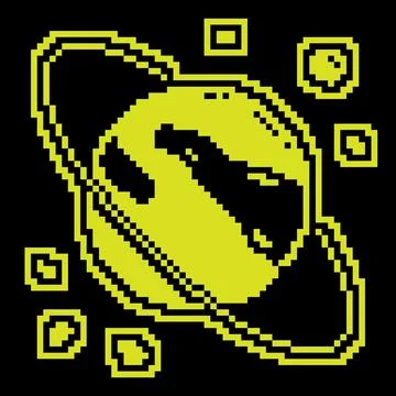 Planet saturn with ring Pixel silhouette icon. Exploring space and solar sy.. Illustrazione stock