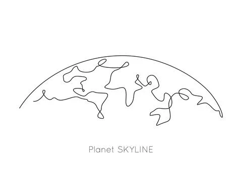 Planet skyline and world map in one continuous line drawing. Earth globe horizon Stock Illustration